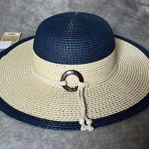 NWT - Panama Jack Big Brim Paper Braid Floppy Sunhat - Navy & Beige